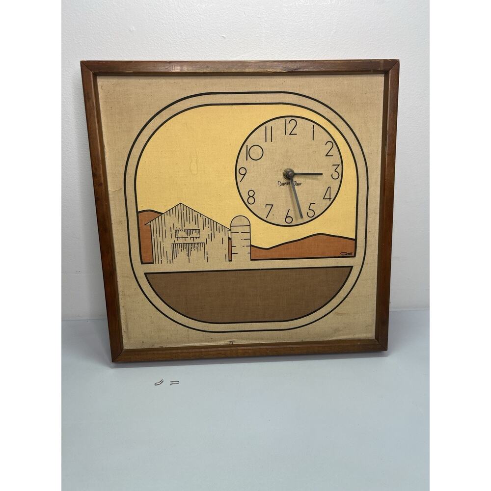 Vintage Mid-Century Modern “Sunset Time” Wall Clock Farm Scene Wood Frame